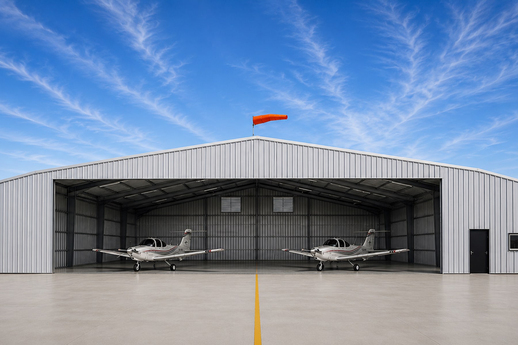 Hangar de Plataforma Norte en el aeródromo de Venado Tuerto, con las dos aeronaves de instrucción en su interior